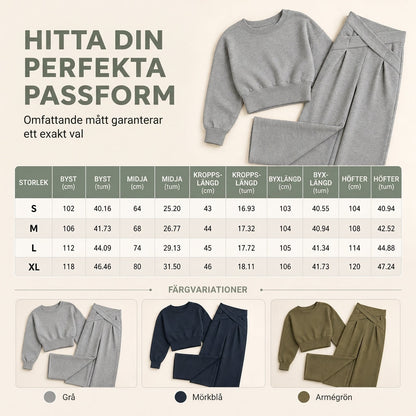 Tvdelad set i avslappnad sportig stil för höst och vinter, bestående av långärmad t-shirt och vida byxor med skärning i midjan