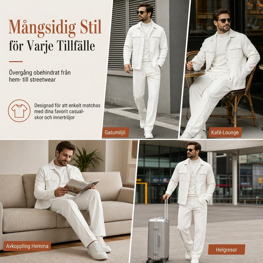 Kostymset med våffelstickad jacka och byxor för män, ledig stil