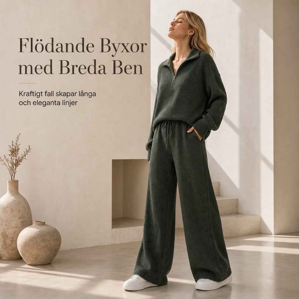 Tvdelad set i stickad tröja och byxor med vida ben för kvinnor