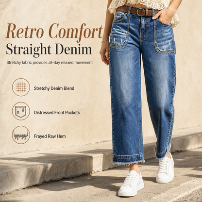 Vintage-jeans för damer i stretchtyg med raka ben, slitna påsydda fickor och fransiga, obearbetade benslut