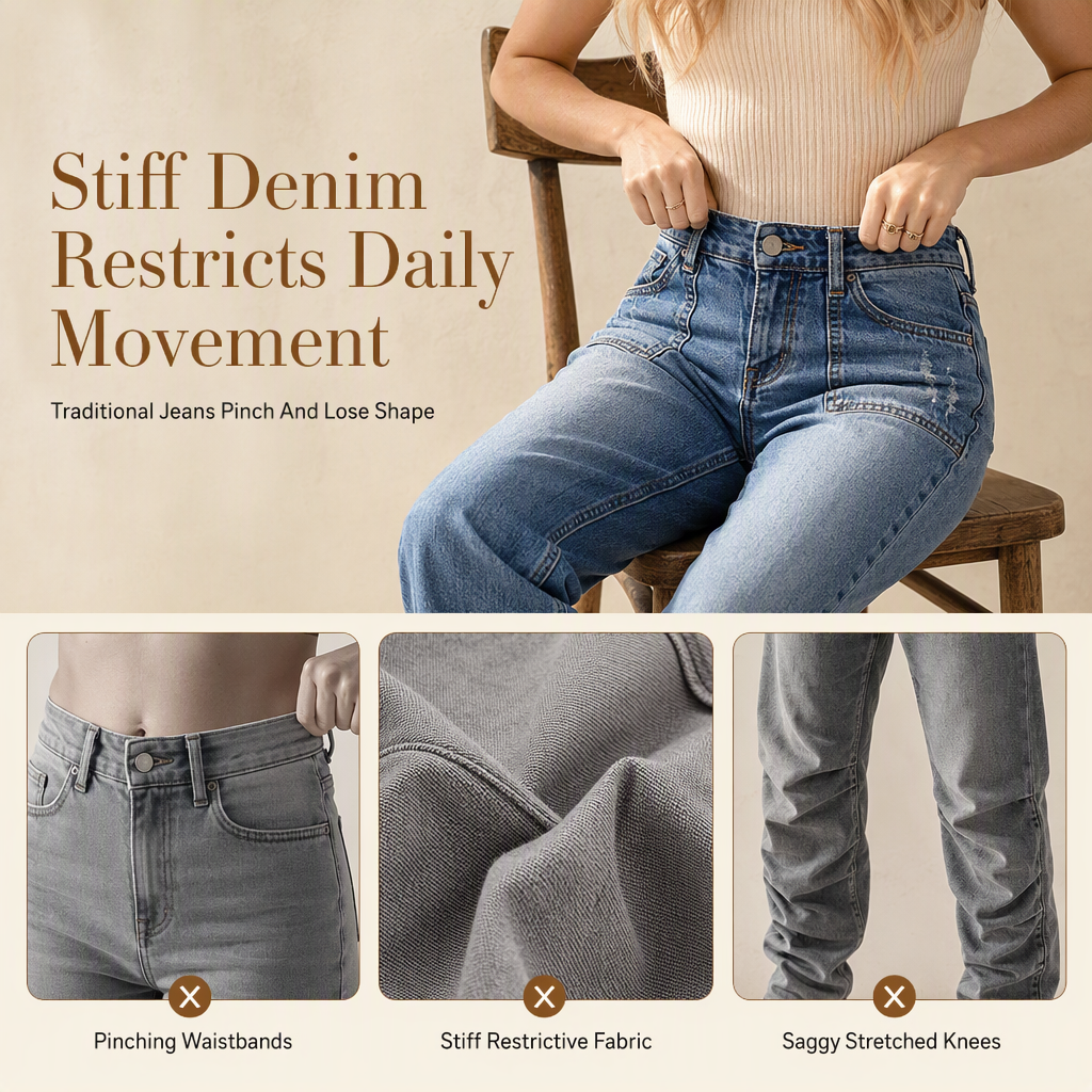 Vintage-jeans för damer i stretchtyg med raka ben, slitna påsydda fickor och fransiga, obearbetade benslut