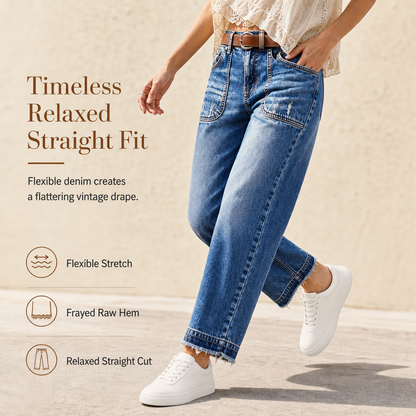 Vintage-jeans för damer i stretchtyg med raka ben, slitna påsydda fickor och fransiga, obearbetade benslut