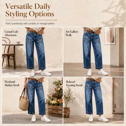 Vintage-jeans för damer i stretchtyg med raka ben, slitna påsydda fickor och fransiga, obearbetade benslut
