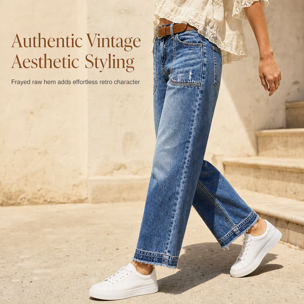 Vintage-jeans för damer i stretchtyg med raka ben, slitna påsydda fickor och fransiga, obearbetade benslut