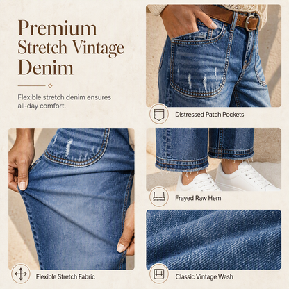 Vintage-jeans för damer i stretchtyg med raka ben, slitna påsydda fickor och fransiga, obearbetade benslut