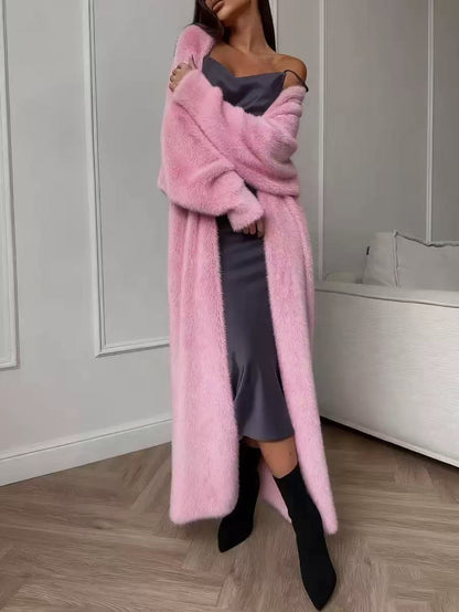 ✨Nyhet! Lång damkofta i fleece med imiterad päls, en fluffig oversized stickad kofta för höst och vinter