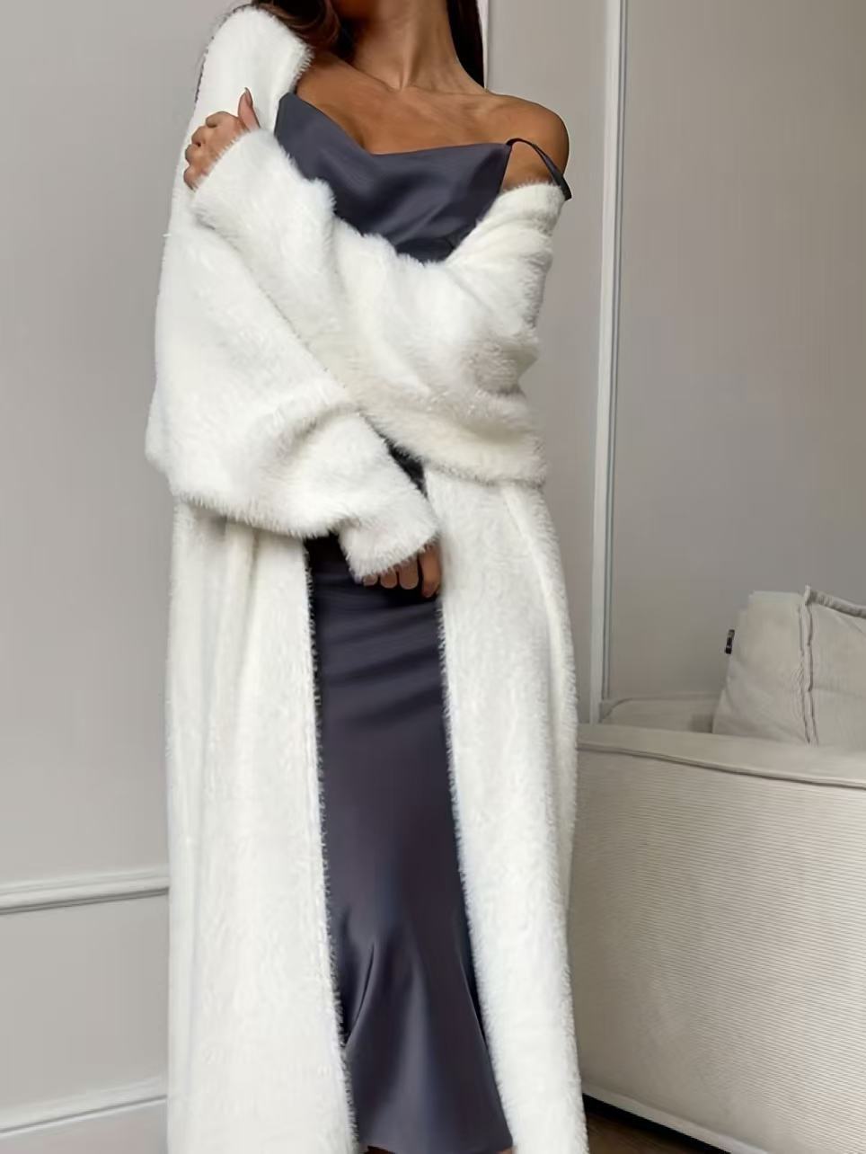 ✨Nyhet! Lång damkofta i fleece med imiterad päls, en fluffig oversized stickad kofta för höst och vinter