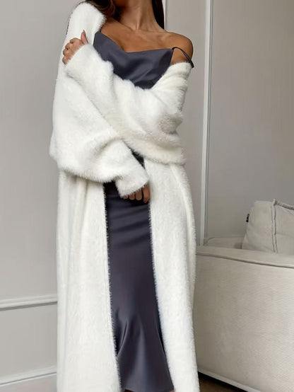 ✨Nyhet! Lång damkofta i fleece med imiterad päls, en fluffig oversized stickad kofta för höst och vinter