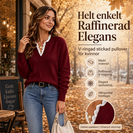 ✨ Ny kollektion 🤍 Stickad damtröja med sjalkrage och spetsdetaljer – elegant utseende, mjuk komfort och tidlös stil