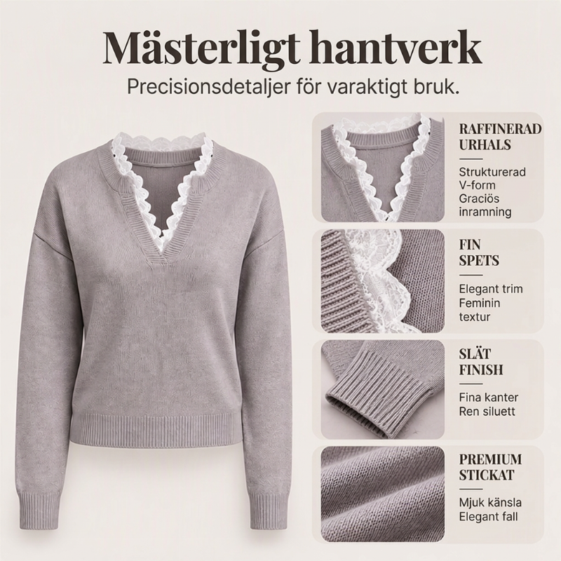 ✨ Ny kollektion 🤍 Stickad damtröja med sjalkrage och spetsdetaljer – elegant utseende, mjuk komfort och tidlös stil