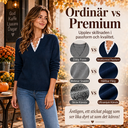 ✨ Ny kollektion 🤍 Stickad damtröja med sjalkrage och spetsdetaljer – elegant utseende, mjuk komfort och tidlös stil