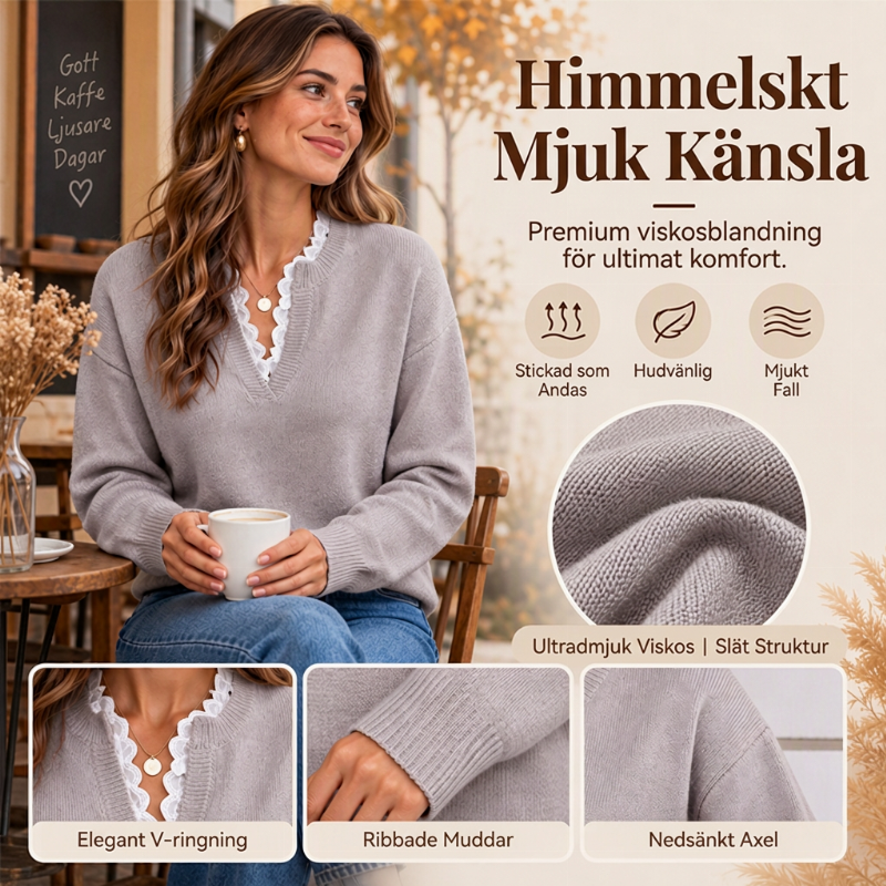 ✨ Ny kollektion 🤍 Stickad damtröja med sjalkrage och spetsdetaljer – elegant utseende, mjuk komfort och tidlös stil