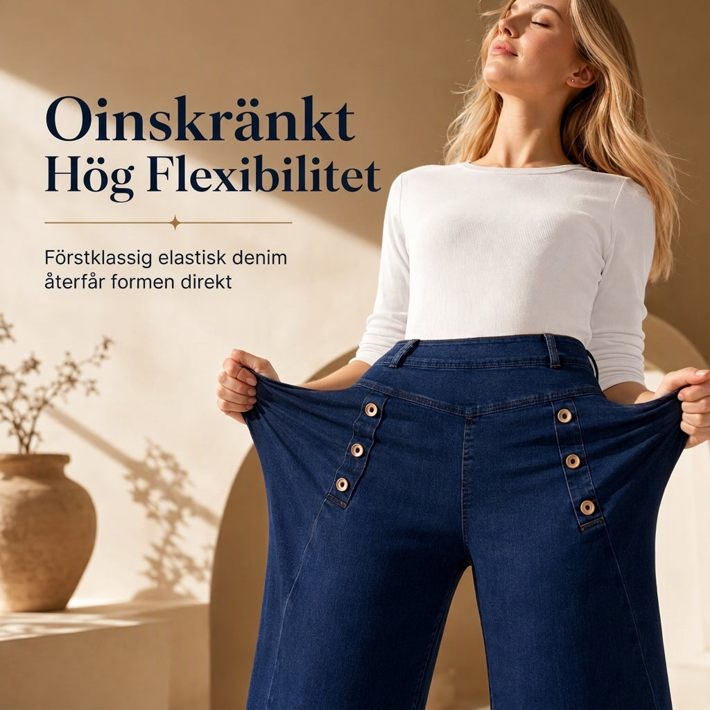 Högtaljade jeans med vida ben, stretchigt denim och dekorativa knappar
