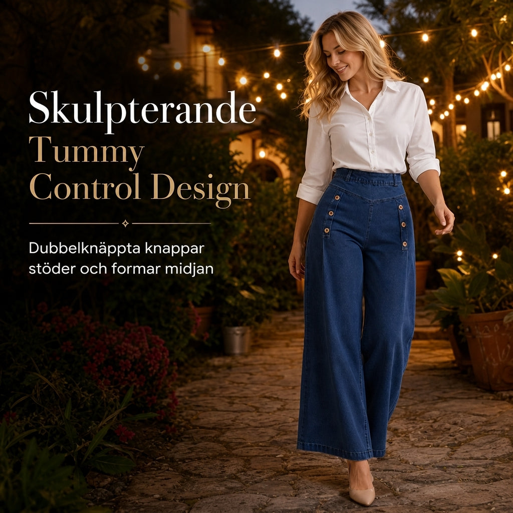 Högtaljade jeans med vida ben, stretchigt denim och dekorativa knappar