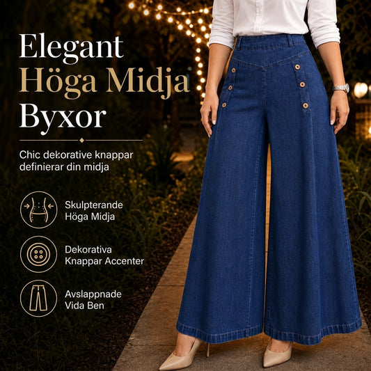 Högtaljade jeans med vida ben, stretchigt denim och dekorativa knappar