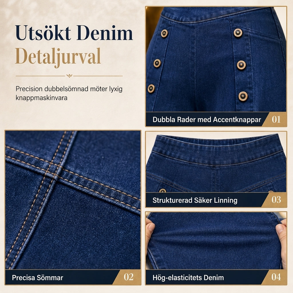 Högtaljade jeans med vida ben, stretchigt denim och dekorativa knappar
