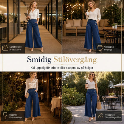 Högtaljade jeans med vida ben, stretchigt denim och dekorativa knappar