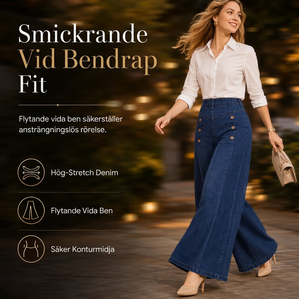 Högtaljade jeans med vida ben, stretchigt denim och dekorativa knappar
