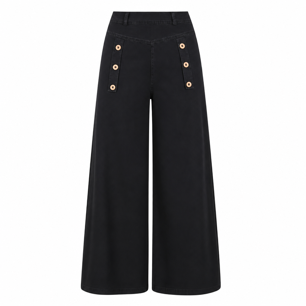 Högtaljade jeans med vida ben, stretchigt denim och dekorativa knappar