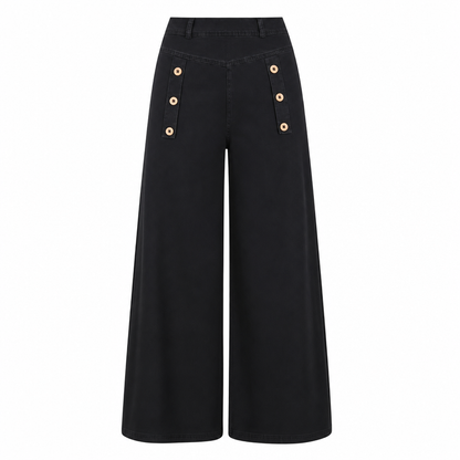 Högtaljade jeans med vida ben, stretchigt denim och dekorativa knappar