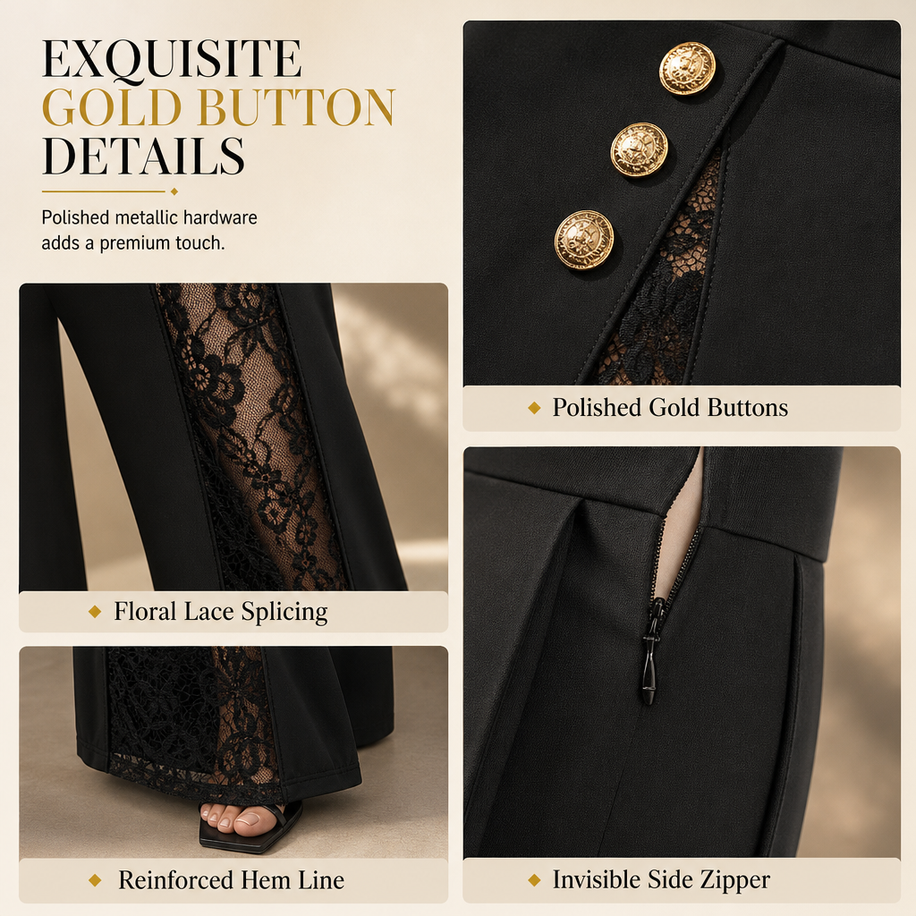 ✨ Elegant kollektion 🤎 Dammbyxor med hög midja, spetsinsatser och guldfärgade knappar – vida ben, lyxig look och bekväm passform