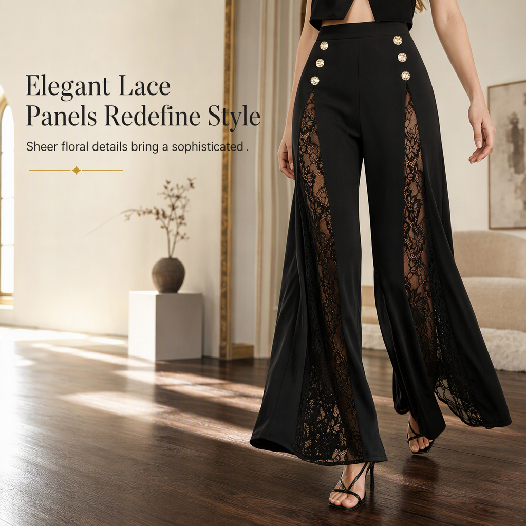 ✨ Elegant kollektion 🤎 Dammbyxor med hög midja, spetsinsatser och guldfärgade knappar – vida ben, lyxig look och bekväm passform