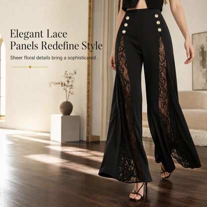 ✨ Elegant kollektion 🤎 Dammbyxor med hög midja, spetsinsatser och guldfärgade knappar – vida ben, lyxig look och bekväm passform