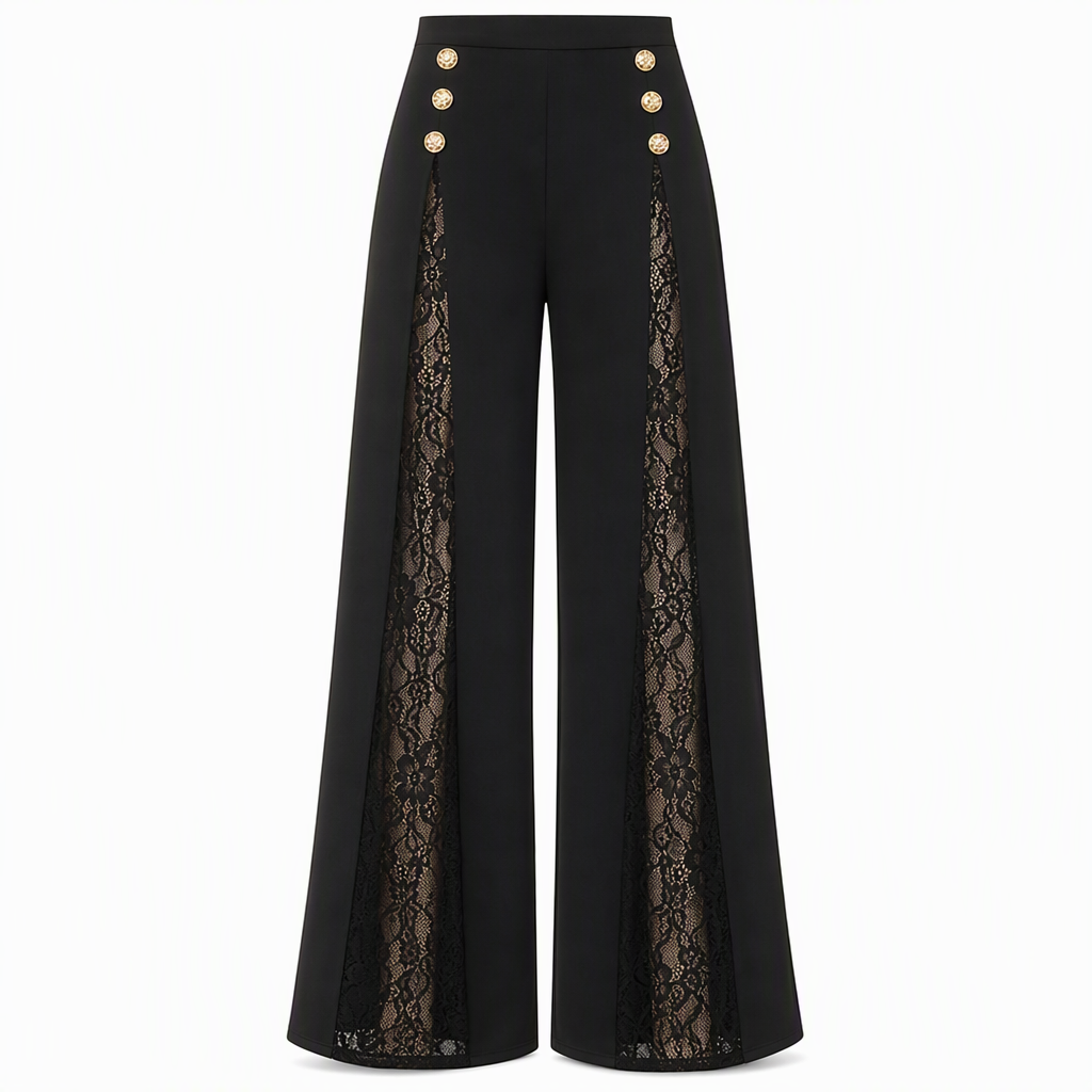 ✨ Elegant kollektion 🤎 Dammbyxor med hög midja, spetsinsatser och guldfärgade knappar – vida ben, lyxig look och bekväm passform