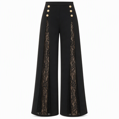 ✨ Elegant kollektion 🤎 Dammbyxor med hög midja, spetsinsatser och guldfärgade knappar – vida ben, lyxig look och bekväm passform
