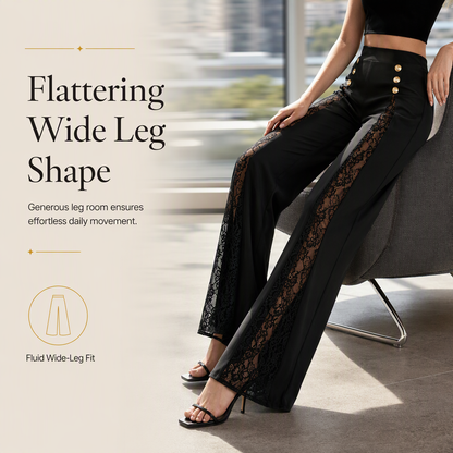 ✨ Elegant kollektion 🤎 Dammbyxor med hög midja, spetsinsatser och guldfärgade knappar – vida ben, lyxig look och bekväm passform