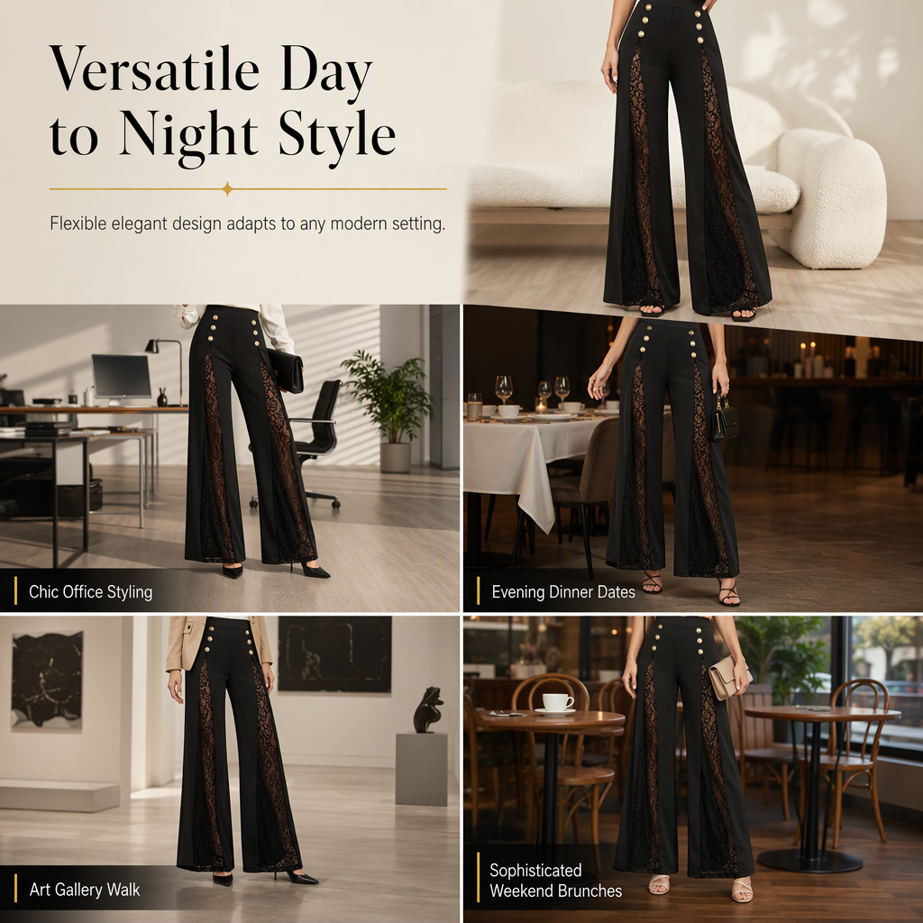 ✨ Elegant kollektion 🤎 Dammbyxor med hög midja, spetsinsatser och guldfärgade knappar – vida ben, lyxig look och bekväm passform