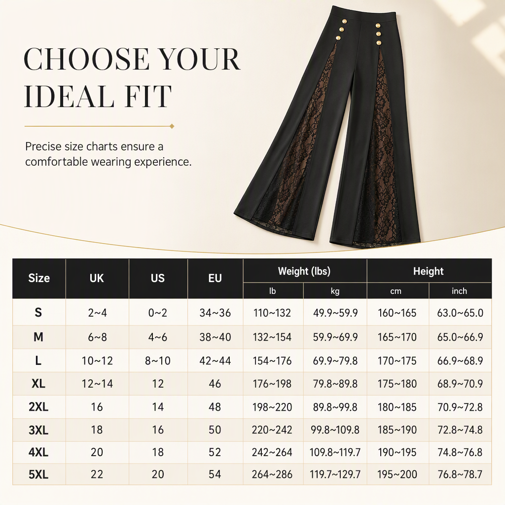 ✨ Elegant kollektion 🤎 Dammbyxor med hög midja, spetsinsatser och guldfärgade knappar – vida ben, lyxig look och bekväm passform