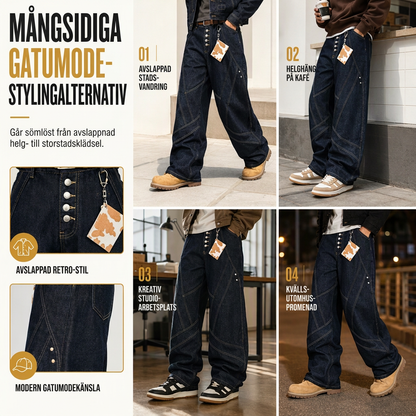 ✈️Fri frakt📢🎉50 % rabatt!!!🛍️✨Herrjeans i amerikansk vintage-stil, utsvängda, vida ben, dekonstruerade, otvättade denimbyxor med knäppning