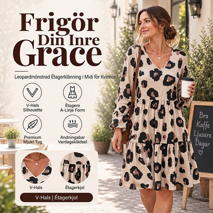 🐆 Ny trend ✨ Damklänning i leopardmönster med V-ringning och långa ärmar – elegant passform, feminin look och tidlös stil