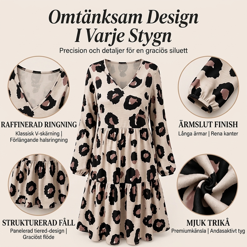 🐆 Ny trend ✨ Damklänning i leopardmönster med V-ringning och långa ärmar – elegant passform, feminin look och tidlös stil
