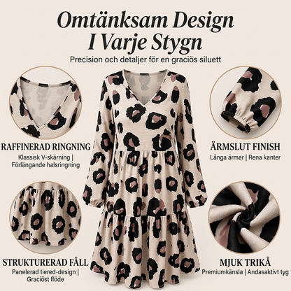 🐆 Ny trend ✨ Damklänning i leopardmönster med V-ringning och långa ärmar – elegant passform, feminin look och tidlös stil