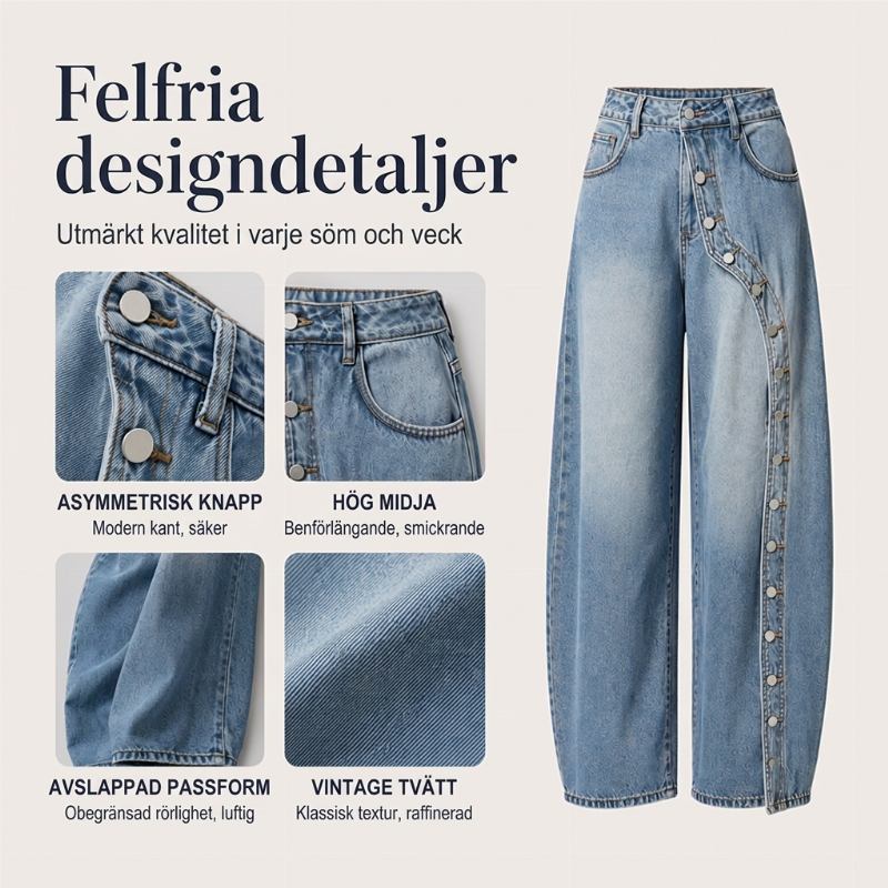 Kvinnors vintagejeans med vida ben och knappar på sidan