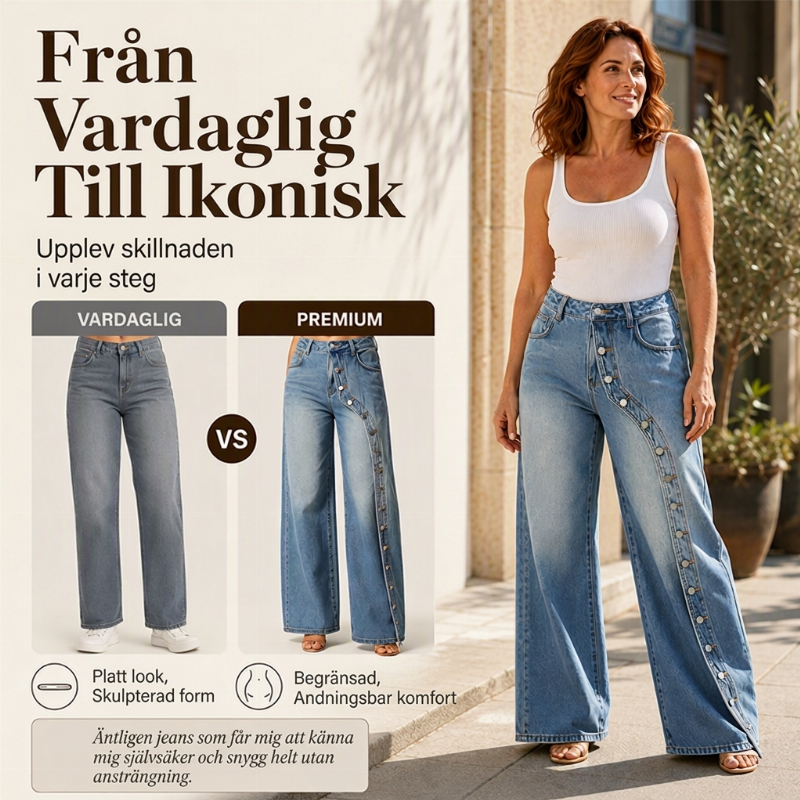 Kvinnors vintagejeans med vida ben och knappar på sidan