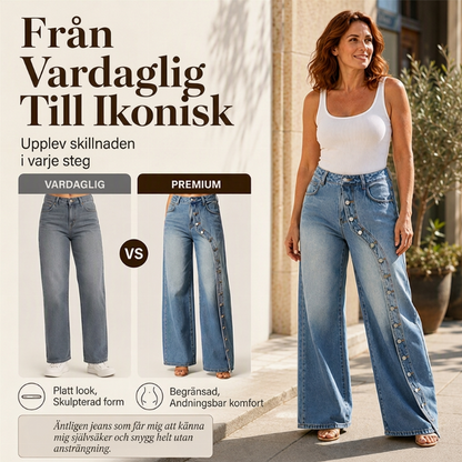 Kvinnors vintagejeans med vida ben och knappar på sidan