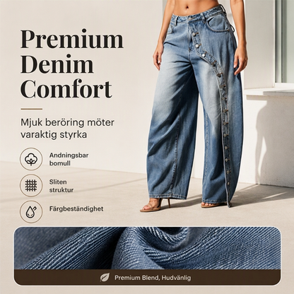 Kvinnors vintagejeans med vida ben och knappar på sidan