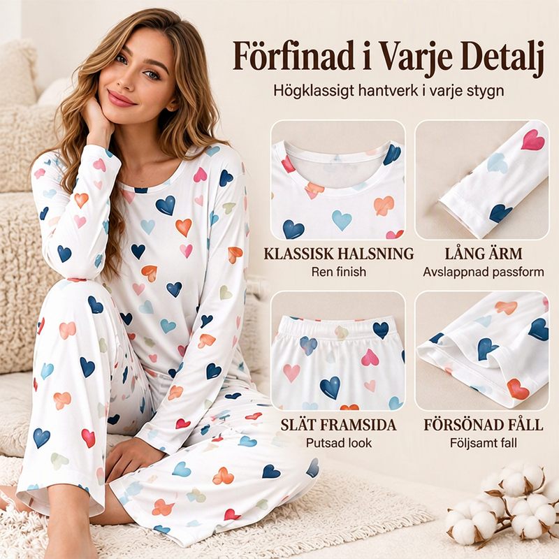 Långärmad pyjamas med hjärtmönster för dam
