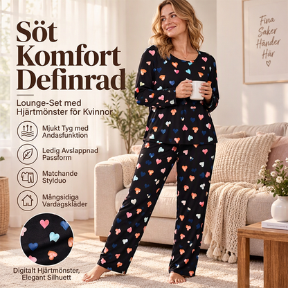 Långärmad pyjamas med hjärtmönster för dam