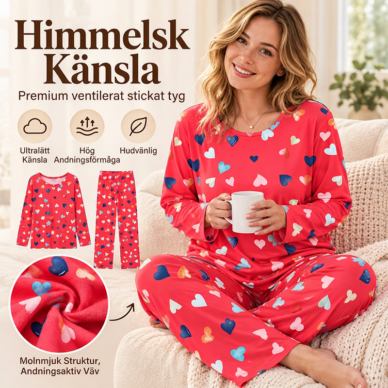 Långärmad pyjamas med hjärtmönster för dam