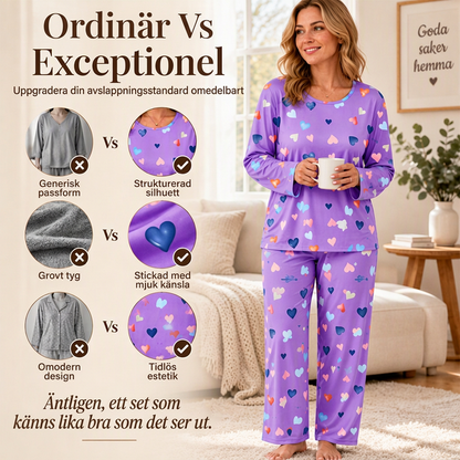 Långärmad pyjamas med hjärtmönster för dam
