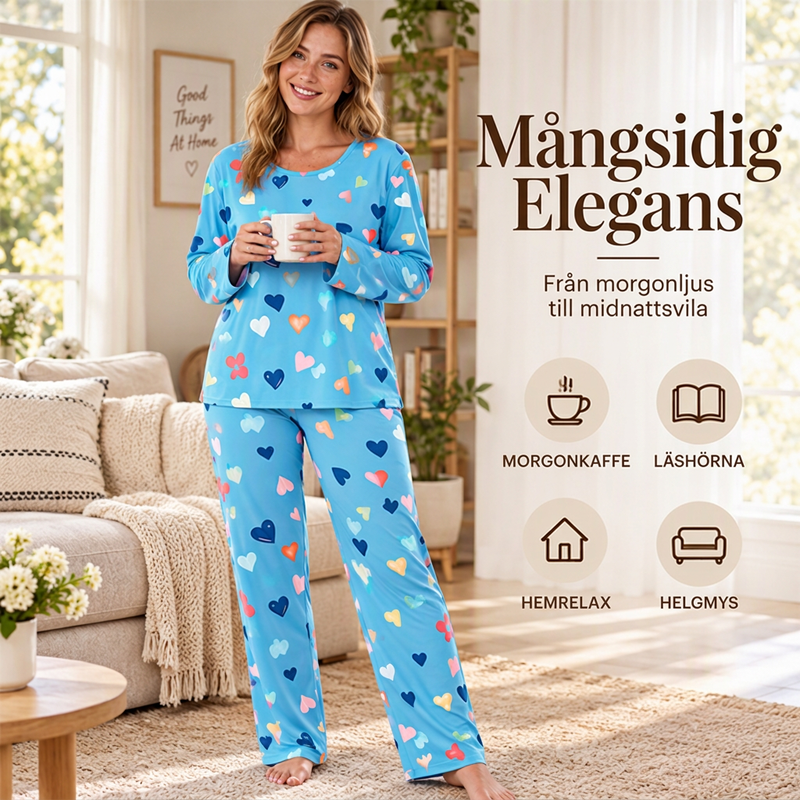 Långärmad pyjamas med hjärtmönster för dam