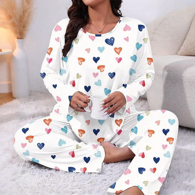 Långärmad pyjamas med hjärtmönster för dam