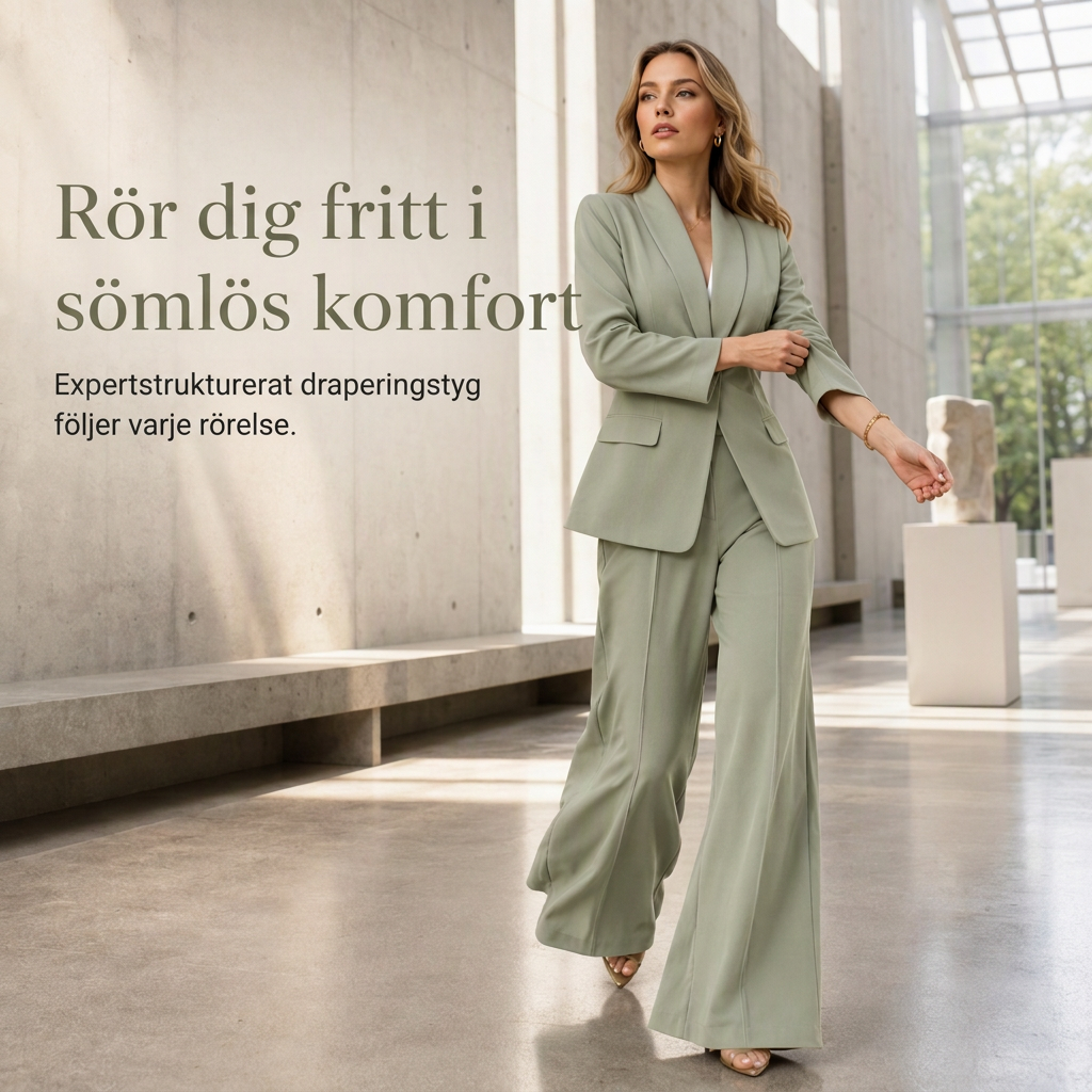 Elegant tvådelad kostym med skräddarsydd kavaj och avslappnade vidbyxor