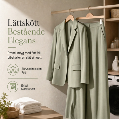Elegant tvådelad kostym med skräddarsydd kavaj och avslappnade vidbyxor