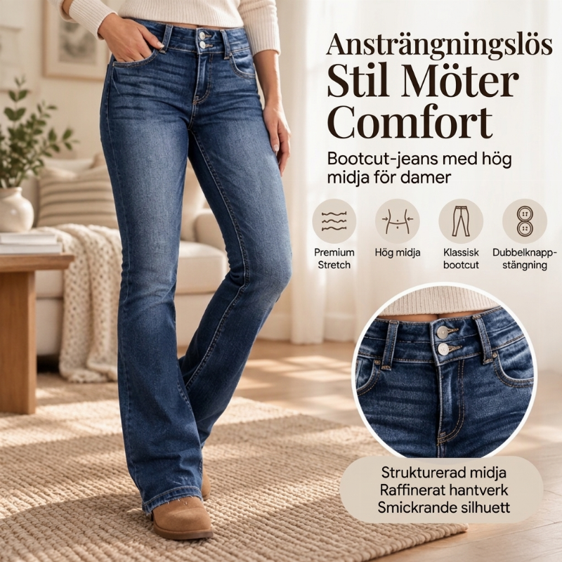 Dubbelknäppta, högmidjade jeans med utstående ben för kvinnor