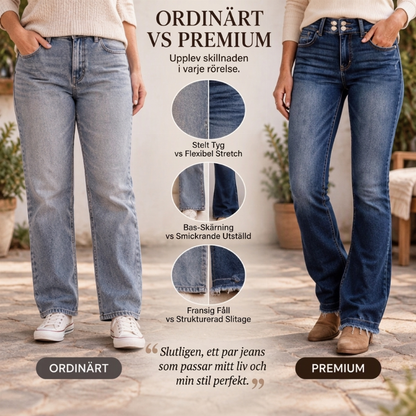 Dubbelknäppta, högmidjade jeans med utstående ben för kvinnor